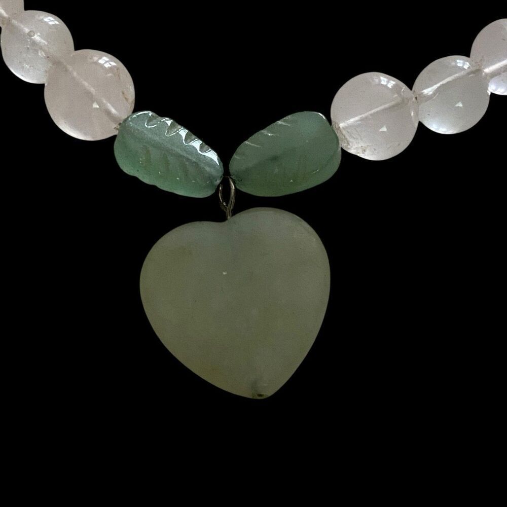 Necklace Aventurine Heart Clear Quartz Beads Artisian Made 20" Romantic Healing